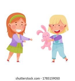 Friendly Kids Playing Together and Sharing Toy Hare Vector Illustration