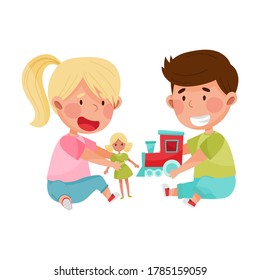 Friendly Kids Playing Together and Sharing Toys Vector Illustration