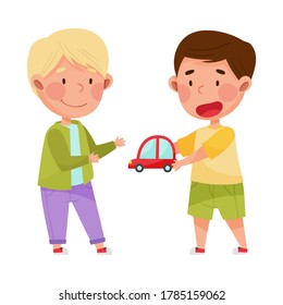 Friendly Kids Playing Together and Sharing Toy Car Vector Illustration