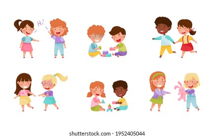 Friendly Kids Playing Together Sharing Toys Stock Vector (Royalty Free ...