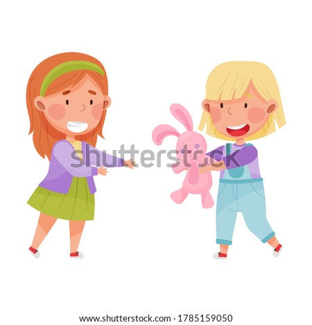 Friendly Kids Playing Together and Sharing Toy Hare Vector Illustration