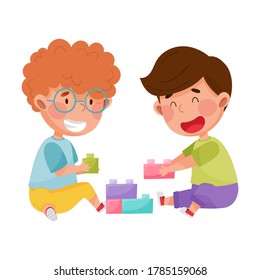 Friendly Kids Playing Together with Toy Blocks and Laughing Vector Illustration