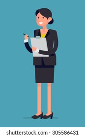 Friendly kind business woman standing full length holding pen and clipboard | Isolated female office worker flat design character in business suit smiling