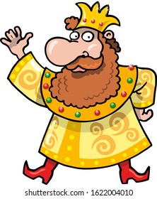 Friendly king with a beard and mustache in red boots, with a yellow caftan and with a crown on his head raised his right hand.