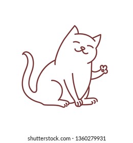 Friendly kitty waves paw and says hello greeting, doodle of cat cute and good kitten linear art oultine isolated on white