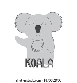 Friendly koala, vector childrens colorful illustration in cartoon hand drawn style for printing on baby clothes, interior design, packaging, stickers. Isolated on white