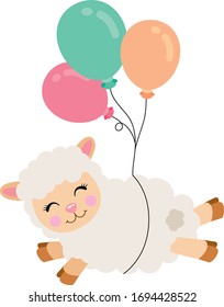 Friendly lamb flying with balloons