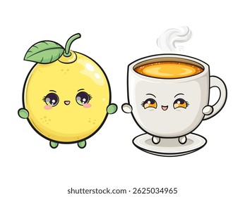 A friendly Lemon and a Tea Cup are depicted with kawaii-style faces and cheerful expressions.