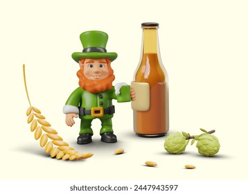 Friendly leprechaun stands with mug of frothy drink near glass bottle of alcohol