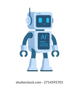 Personaje amigable del robot de la IA azul claro con una cara sonriente feliz y auriculares un icono de la tecnología moderna