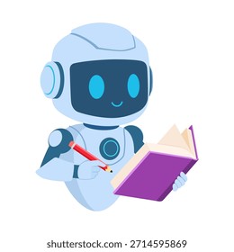 Robô luz azul amigável alegremente envolvido na escrita ou aprendizagem de um livro roxo aberto segurando um lápis vermelho com um sorriso alegre