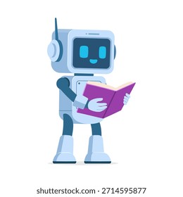 Um robô azul luz amigável alegremente lendo um livro roxo de pé com um rosto de tela sorrindo