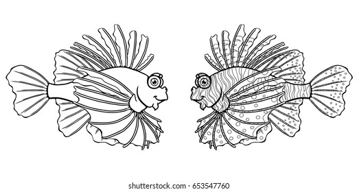 Friendly lionfish, the black planimetric drawing separately on a white background. Page coloring book. Manual vector illustration.