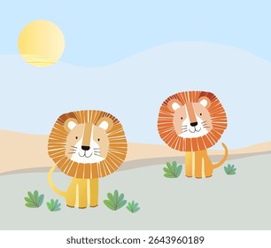 Friendly lions sunbathing in the middle of the grassland