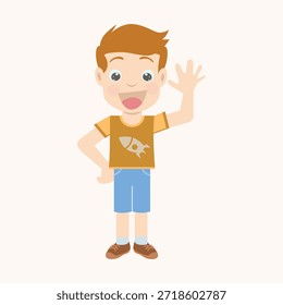 Pequeño niño amable que agita la mano para decir hola o adiós