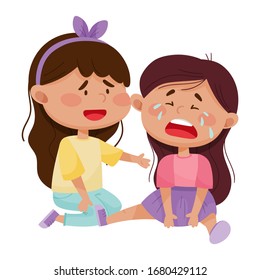 Friendly Little Girl Comforting Her Crying Friend Vector Illustration