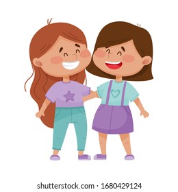 Friendly Little Girls Embracing Each Other Vector Illustration