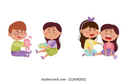 Friendly Little Kids Cheering Up Agemate and Sharing Toys Vector Set