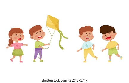 Friendly Little Kids Flying Kite and Running Vector Set
