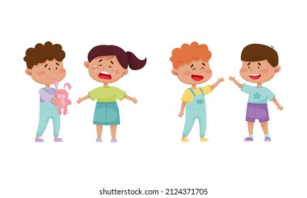 Friendly Little Kids Greeting and Sharing Toy with Crying Agemate Vector Set