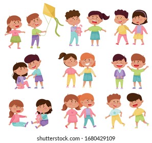 Friendly Little Kids Holding Hands and Cheering Up Each Other Vector Illustrations Set