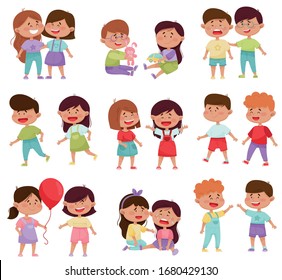 Friendly Little Kids Holding Hands and Cheering Up Each Other Vector Illustrations Set