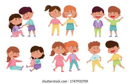 Friendly Little Kids Holding Hands and Cheering Up Each Other Vector Illustrations Set