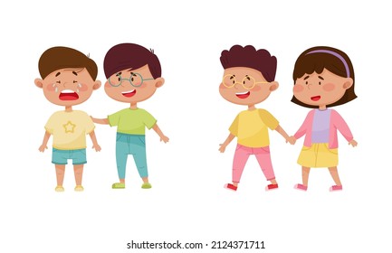 Friendly Little Kids Holding Hands and Soothing Crying Agemate Vector Set