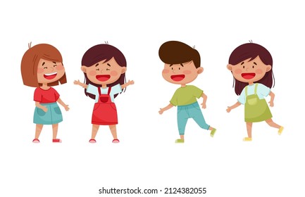 Friendly Little Kids Laughing Out Loud and Running Vector Set