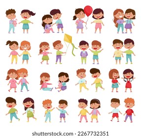 Friendly Little Kids Playing and Cheering Up Each Other Big Vector Set