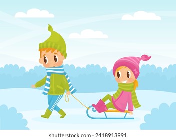 Friendly Little Kids Ride Sledge in Winter Vector Illustration