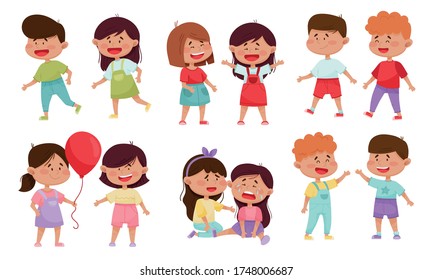 Friendly Little Kids Sharing Toys and Socializing with Each Other Vector Illustrations Set