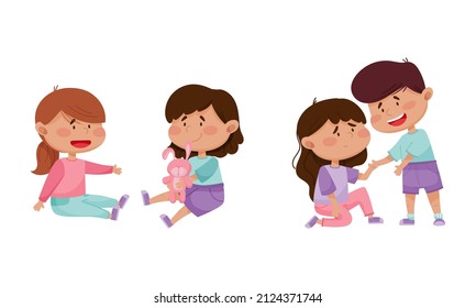 Friendly Little Kids Supporting and Sharing Toy Hare with Agemate Vector Set
