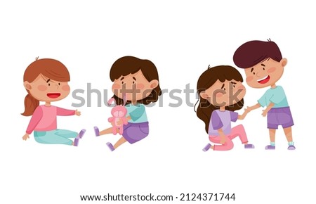 Friendly Little Kids Supporting and Sharing Toy Hare with Agemate Vector Set