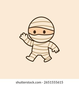 Friendly little mummy kid waving on Halloween night vector cartoon illustration