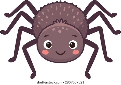 Friendly little spider cartoon character with eight legs and big cute eyes smiling. Adorable garden arachnid bug vector illustration for nursery and halloween themes.