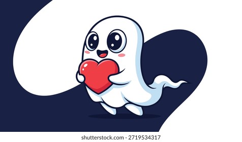 Amistoso pequeño personaje fantasma blanco con Grandes ojos negros flota felizmente mientras abraza un gran corazón rojo brillante contra un fondo oscuro.