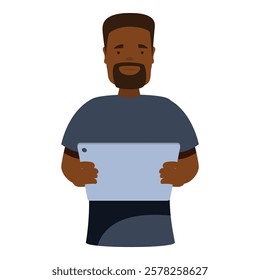 Friendly looking black man holds a digital tablet, embracing modern technology for communication and information access