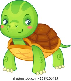 Friendly looking cartoon turtle standing and smiling. Perfect for projects related to animals, nature, pets, and children s designs.