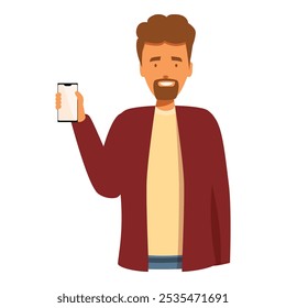 Ein freundlich aussehender Mann hält ein Smartphone mit einem leeren Bildschirm hoch