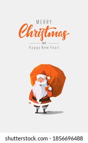 Friendly looking trendy vector Santa Clause  with sack full of gifts and presents behind his back with hand drawn Christmas badge label. 
