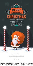 Friendly looking trendy vector Santa Clause in the wood with sack full of gifts and presents behind his back with colorful christmas badge label. Street lights with fir trees in the background