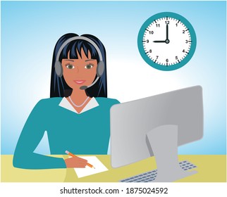 Friendly looking woman making notes in front of computer. Vector illustration.