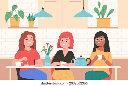 Friendly Lunch. Girlfriends Have Dinner In Kitchen. Happy People Group Spend Time Together. Women At Table Drink Tea And Eat Desserts. Friends Meeting At Home. Vector Communication Concept