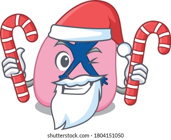 Friendly lung dressed inasSanta Cartoon character with Christmas candies