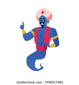 Freundlich magisches arabisches Genie, das Wunder, Magie und Gönnwünsche schafft. Cartoon Charakter mit Turban und leben in Märchenlampe. Flache Vektorgrafik einzeln auf Weiß.