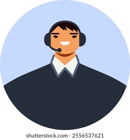 Friendly male call center operator smiling while wearing a headset, delivering efficient and helpful customer support in a professional office environment