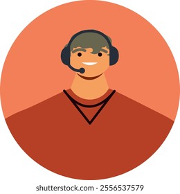 Friendly male call center representative wearing a headset and smiling, providing customer service and technical support with a positive attitude