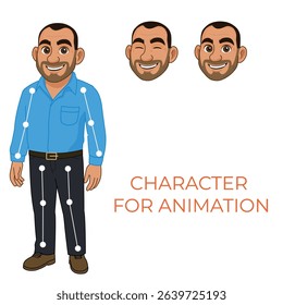 Friendly Male Character Set for Animation: Customizable Man in Blue Shirt with Expressive Facial Options