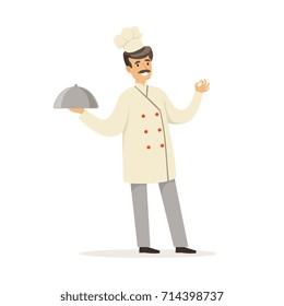 Friendly male chef character in uniform holding platter cloche, hotel staff vector Illustration